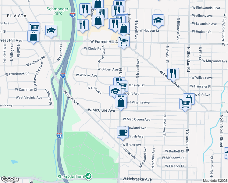 map of restaurants, bars, coffee shops, grocery stores, and more near 1317 West Gift Avenue in Peoria