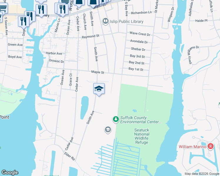 map of restaurants, bars, coffee shops, grocery stores, and more near 38 Union Place in Islip