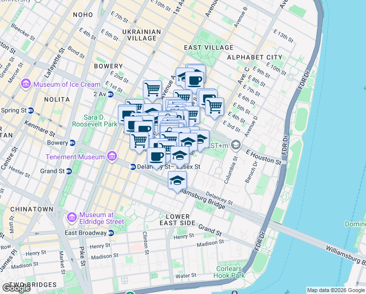 map of restaurants, bars, coffee shops, grocery stores, and more near 141 Attorney Street in New York