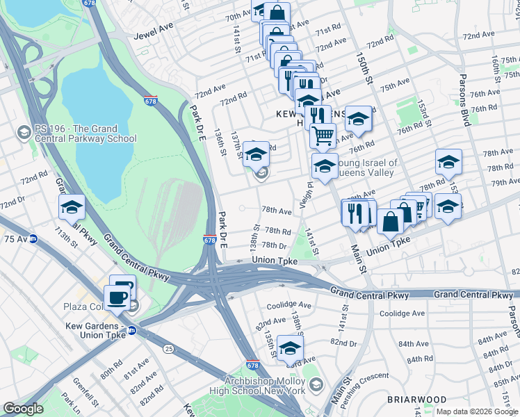 map of restaurants, bars, coffee shops, grocery stores, and more near 138-24 77th Avenue in Queens
