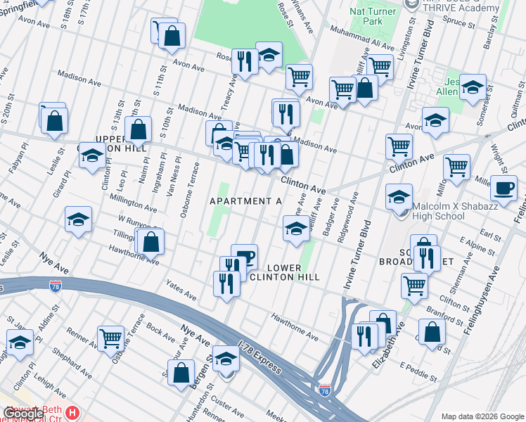 map of restaurants, bars, coffee shops, grocery stores, and more near 686 Bergen Street in Newark