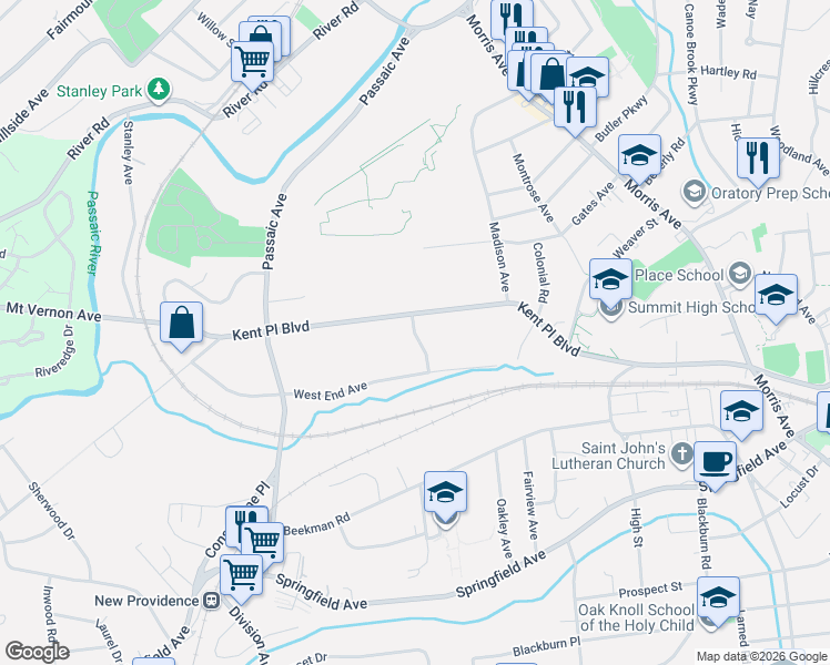map of restaurants, bars, coffee shops, grocery stores, and more near 217 Kent Place Boulevard in Summit