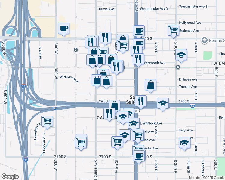 map of restaurants, bars, coffee shops, grocery stores, and more near 2301 South Main Street in South Salt Lake