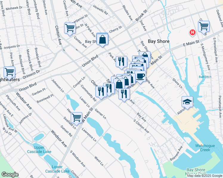 map of restaurants, bars, coffee shops, grocery stores, and more near 12 Mechanicville Road in Bay Shore