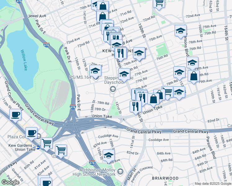 map of restaurants, bars, coffee shops, grocery stores, and more near 77-25 141st Street in Queens