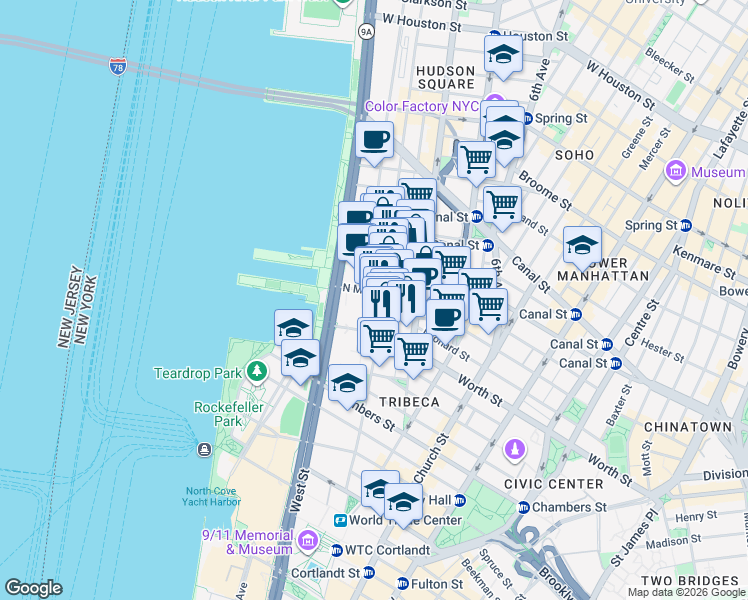 map of restaurants, bars, coffee shops, grocery stores, and more near 376 Greenwich Street in New York