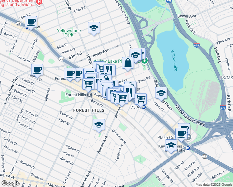 map of restaurants, bars, coffee shops, grocery stores, and more near Queens Blvd & 72nd Rd in Queens