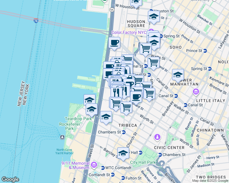 map of restaurants, bars, coffee shops, grocery stores, and more near 397 Greenwich Street in New York