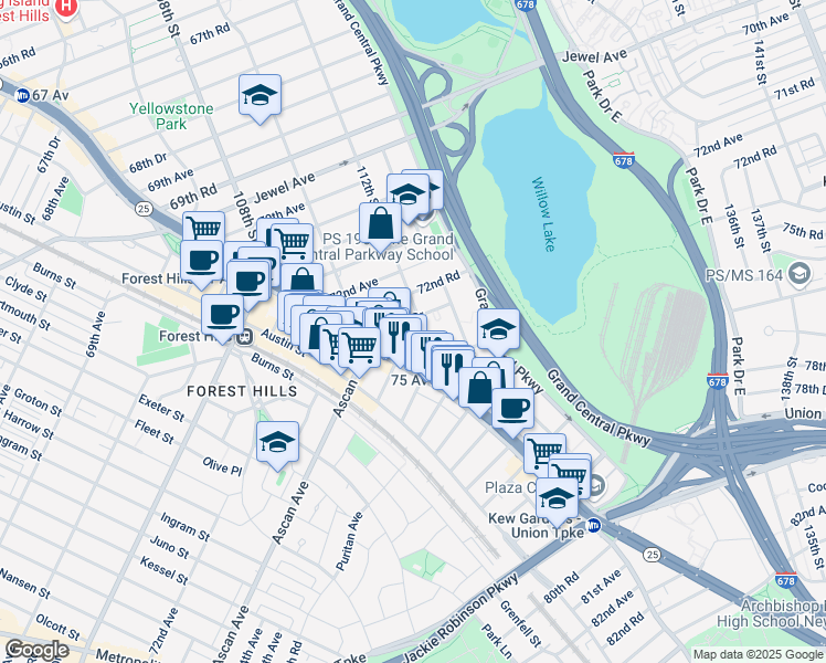 map of restaurants, bars, coffee shops, grocery stores, and more near 72-72 112th Street in Queens