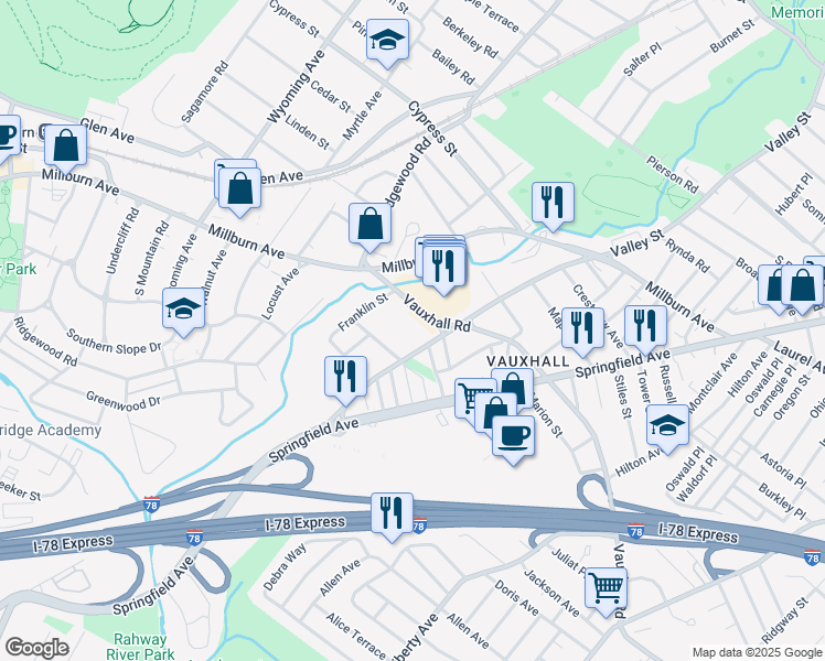 map of restaurants, bars, coffee shops, grocery stores, and more near 2933 Vauxhall Road in Union