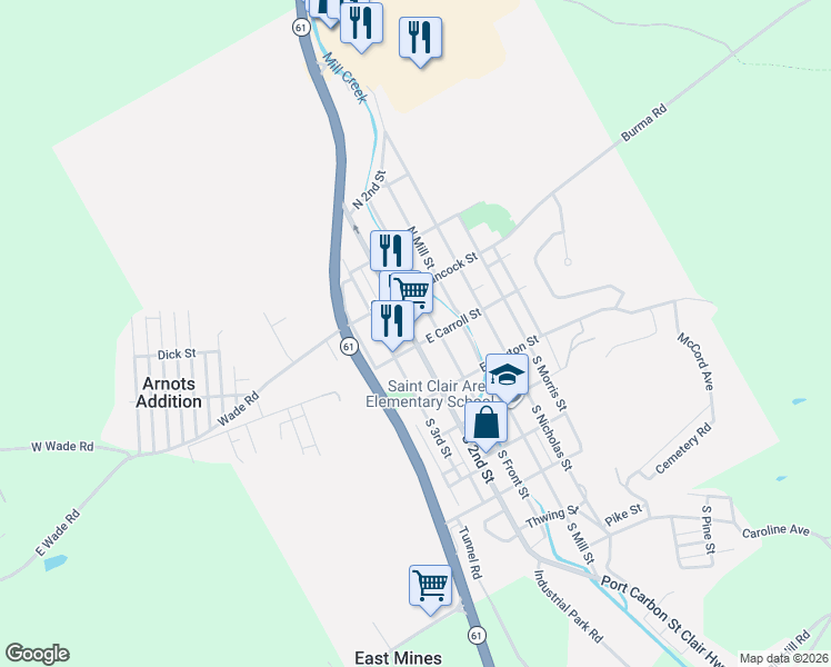 map of restaurants, bars, coffee shops, grocery stores, and more near 13 North 2nd Street in Saint Clair