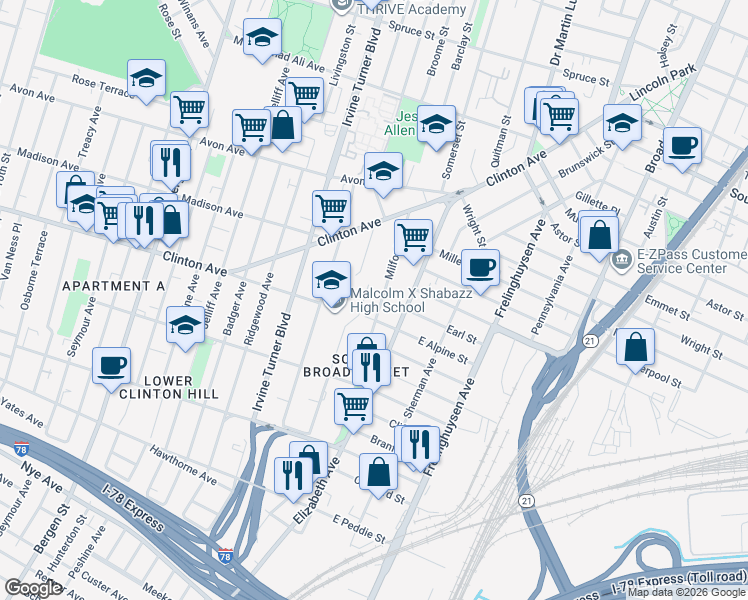 map of restaurants, bars, coffee shops, grocery stores, and more near 33 Johnson Avenue in Newark