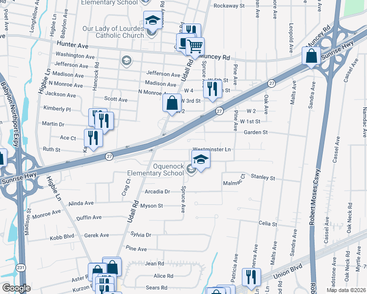 map of restaurants, bars, coffee shops, grocery stores, and more near 18 Oliva Court in West Islip