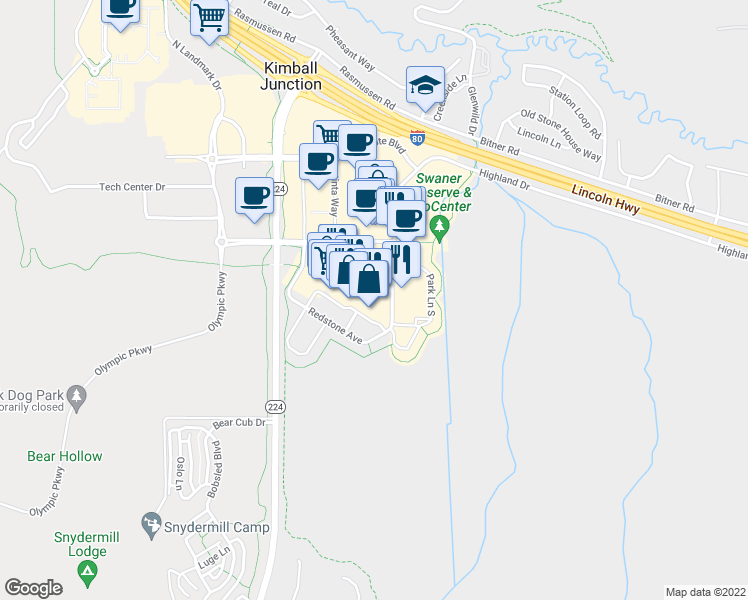 map of restaurants, bars, coffee shops, grocery stores, and more near 6030 Market Street in Park City