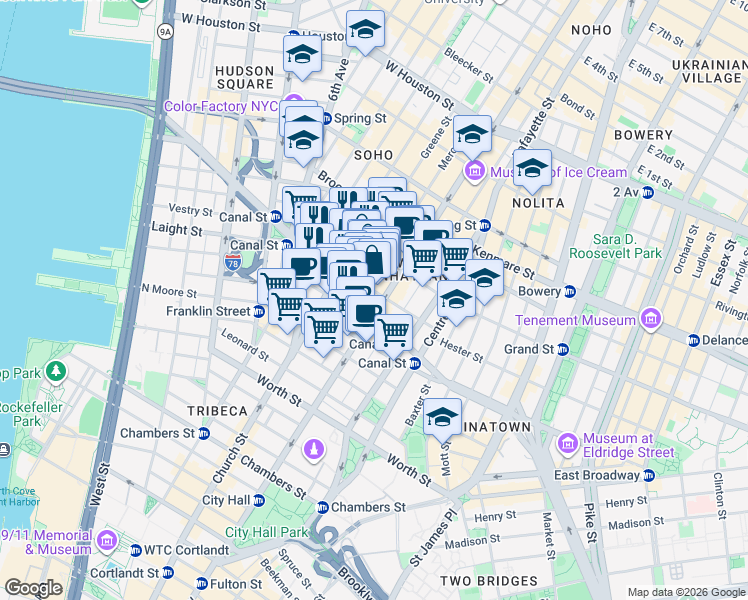 map of restaurants, bars, coffee shops, grocery stores, and more near 425 Broadway in New York
