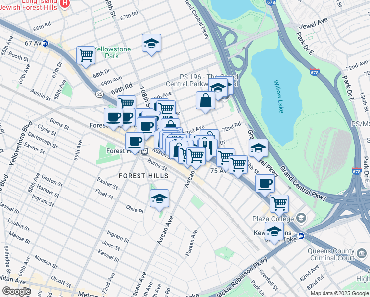 map of restaurants, bars, coffee shops, grocery stores, and more near 72-11 110th Street in Queens