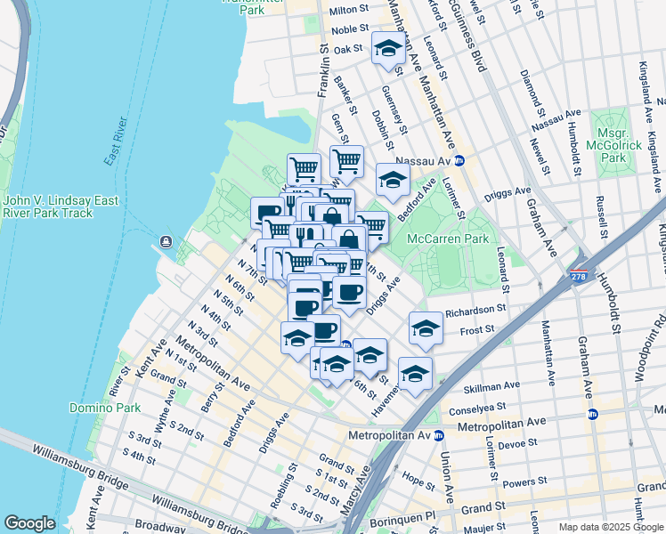map of restaurants, bars, coffee shops, grocery stores, and more near 111 North 10th Street in Brooklyn