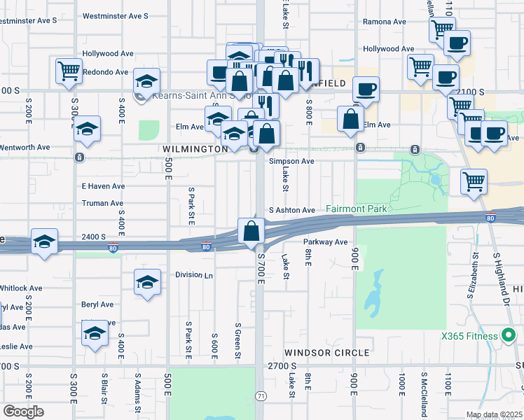 map of restaurants, bars, coffee shops, grocery stores, and more near 2306 South 700 East in Salt Lake City