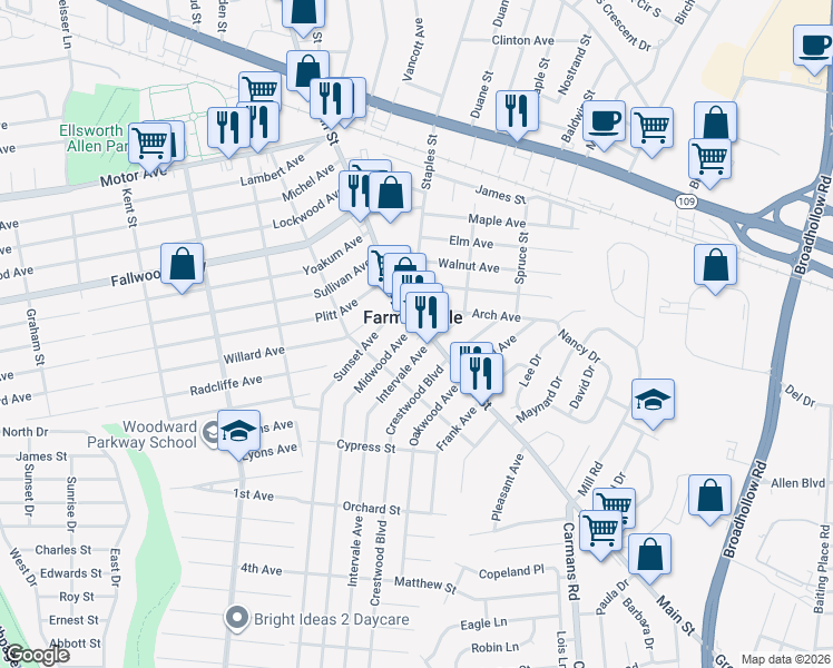 map of restaurants, bars, coffee shops, grocery stores, and more near in South Farmingdale