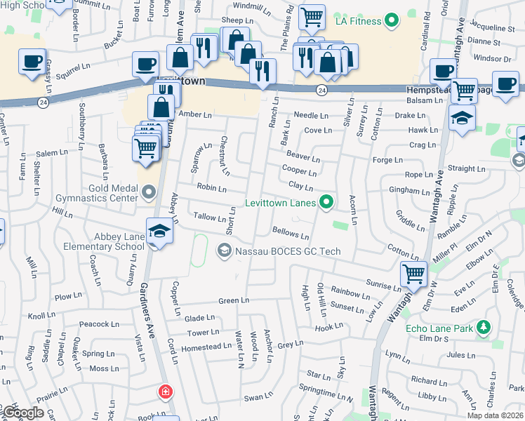 map of restaurants, bars, coffee shops, grocery stores, and more near 2 Tanners Lane in Levittown
