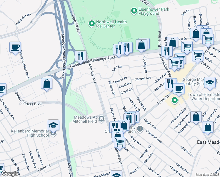 map of restaurants, bars, coffee shops, grocery stores, and more near 105 Rosalie Drive in East Meadow