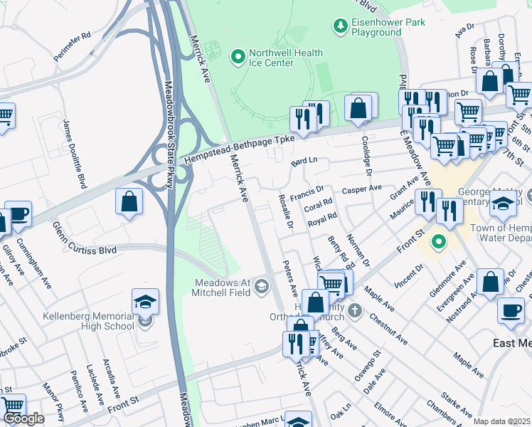 map of restaurants, bars, coffee shops, grocery stores, and more near 90 Lloyd Court in East Meadow