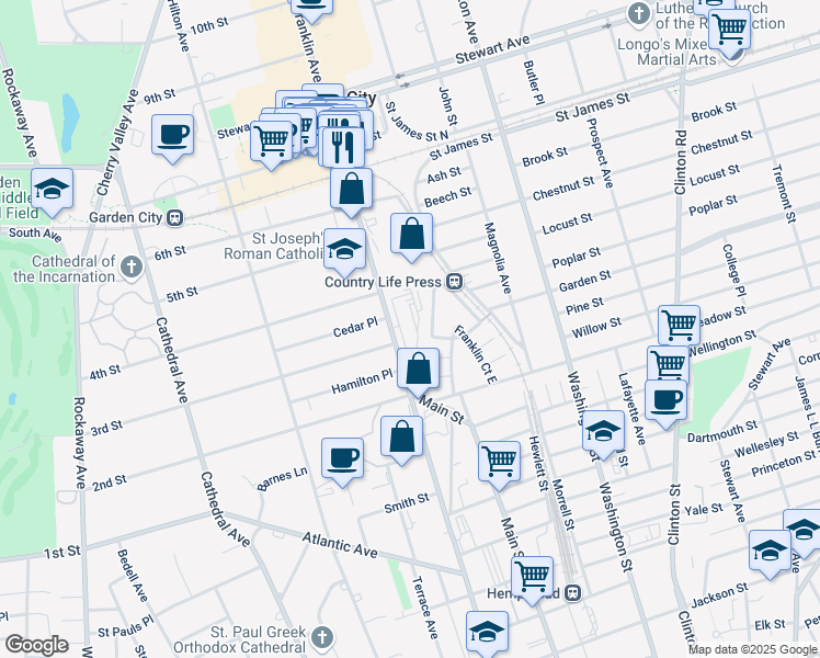 map of restaurants, bars, coffee shops, grocery stores, and more near in Garden City