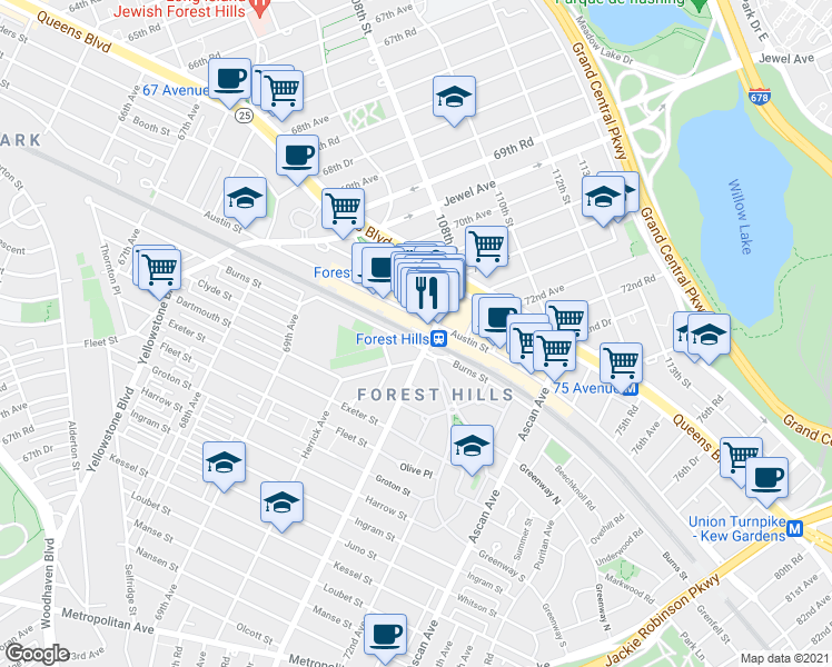 map of restaurants, bars, coffee shops, grocery stores, and more near 10737 71st Avenue in Queens
