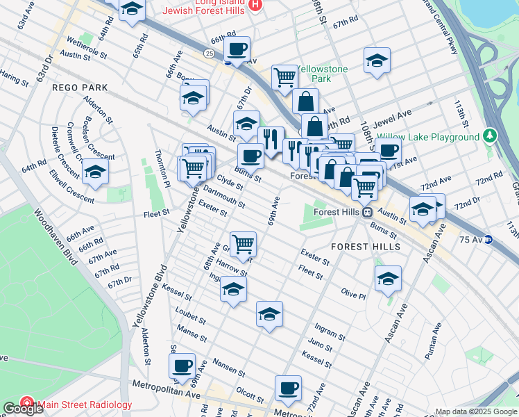 map of restaurants, bars, coffee shops, grocery stores, and more near 68-35 Clyde Street in Queens