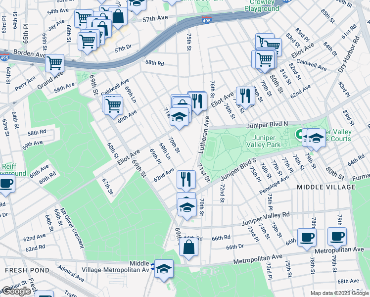 map of restaurants, bars, coffee shops, grocery stores, and more near 61-24 71st Street in Queens