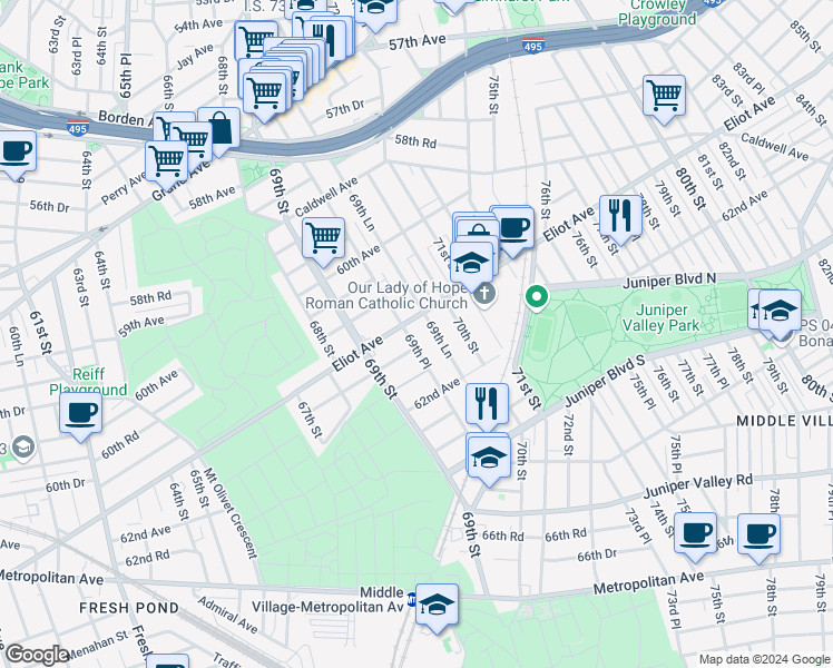 map of restaurants, bars, coffee shops, grocery stores, and more near 69-76 Eliot Avenue in Queens