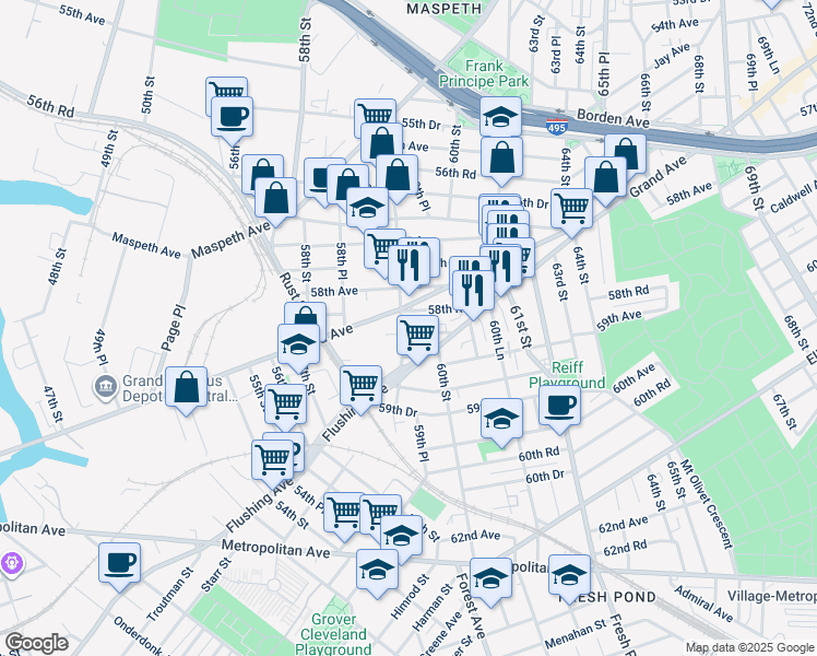 map of restaurants, bars, coffee shops, grocery stores, and more near 58-91 Grand Avenue in Queens