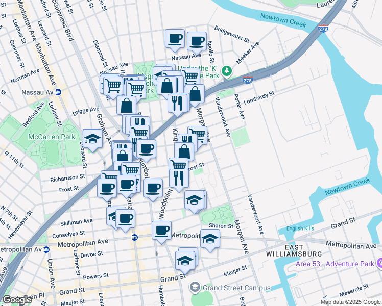 map of restaurants, bars, coffee shops, grocery stores, and more near 24 Division Place in Brooklyn