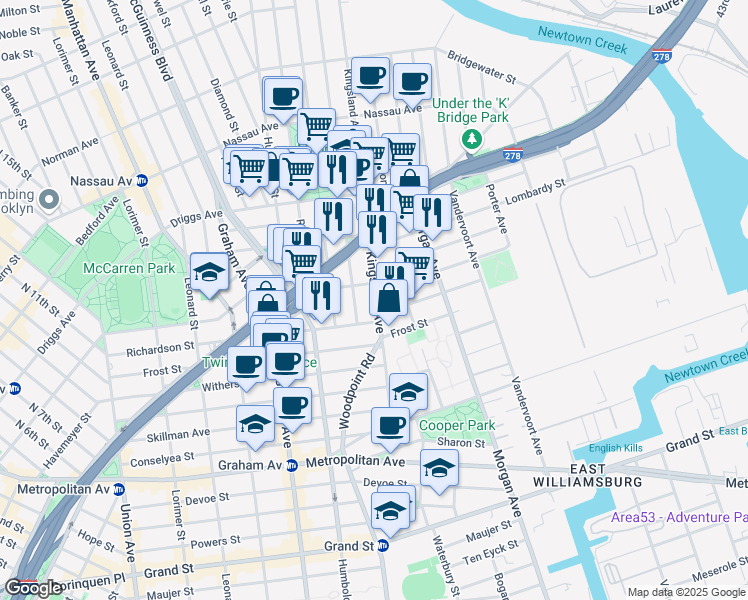 map of restaurants, bars, coffee shops, grocery stores, and more near 117 Kingsland Avenue in Brooklyn