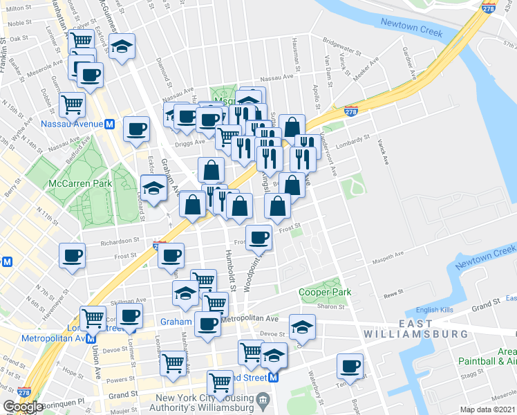 map of restaurants, bars, coffee shops, grocery stores, and more near 117 Kingsland Avenue in Brooklyn