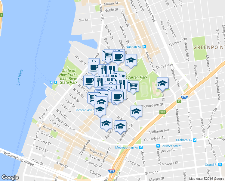 map of restaurants, bars, coffee shops, grocery stores, and more near 135 North 11th Street in Brooklyn