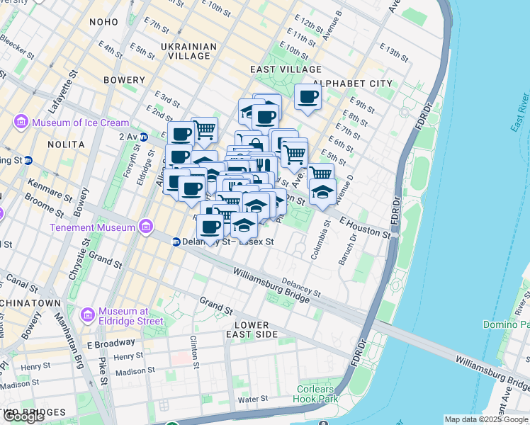 map of restaurants, bars, coffee shops, grocery stores, and more near 162 Attorney Street in New York