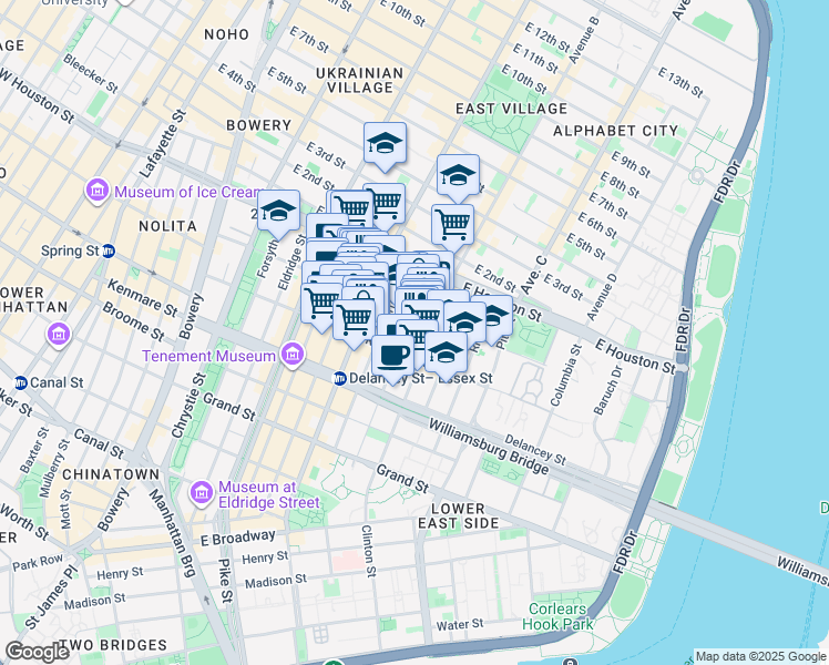 map of restaurants, bars, coffee shops, grocery stores, and more near 138 Stanton Street in New York