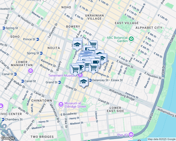map of restaurants, bars, coffee shops, grocery stores, and more near 143 Ludlow Street in New York