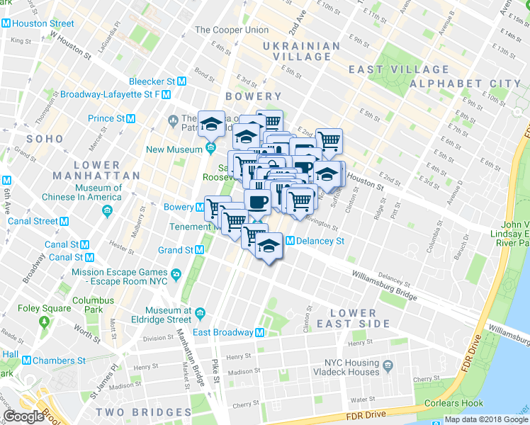 map of restaurants, bars, coffee shops, grocery stores, and more near 143 Ludlow Street in New York