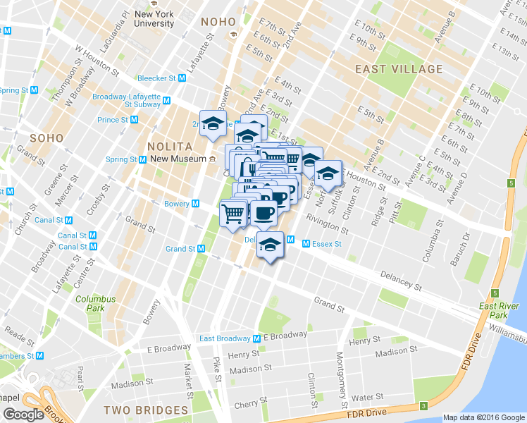 map of restaurants, bars, coffee shops, grocery stores, and more near 184 Eldridge Street in New York
