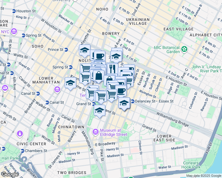 map of restaurants, bars, coffee shops, grocery stores, and more near 171a Chrystie Street in New York