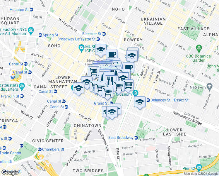 map of restaurants, bars, coffee shops, grocery stores, and more near 5 Rivington Street in New York