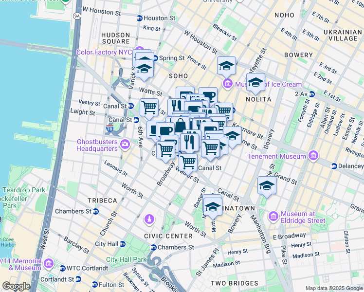 map of restaurants, bars, coffee shops, grocery stores, and more near in New York