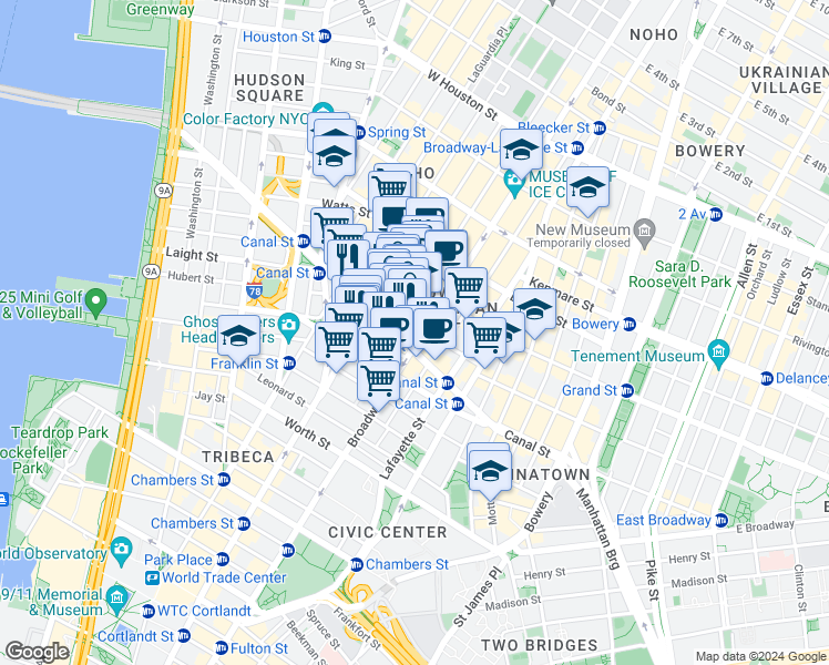 map of restaurants, bars, coffee shops, grocery stores, and more near 7 Mercer Street in New York
