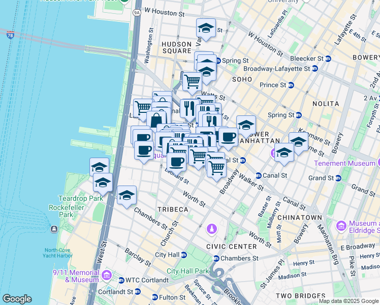 map of restaurants, bars, coffee shops, grocery stores, and more near 14 Ericsson Place in New York