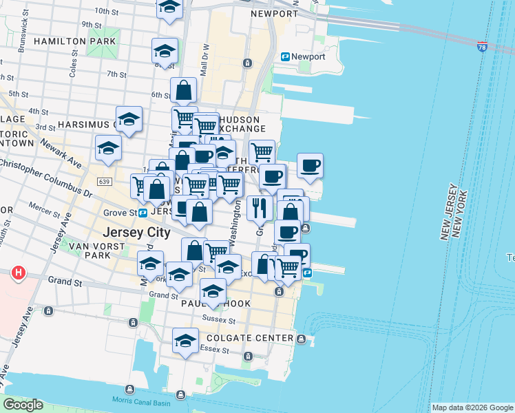 map of restaurants, bars, coffee shops, grocery stores, and more near 80 Bay Street in Jersey City