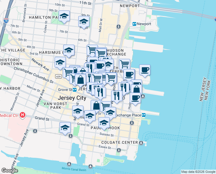 map of restaurants, bars, coffee shops, grocery stores, and more near 80026 Bay Street in Jersey City