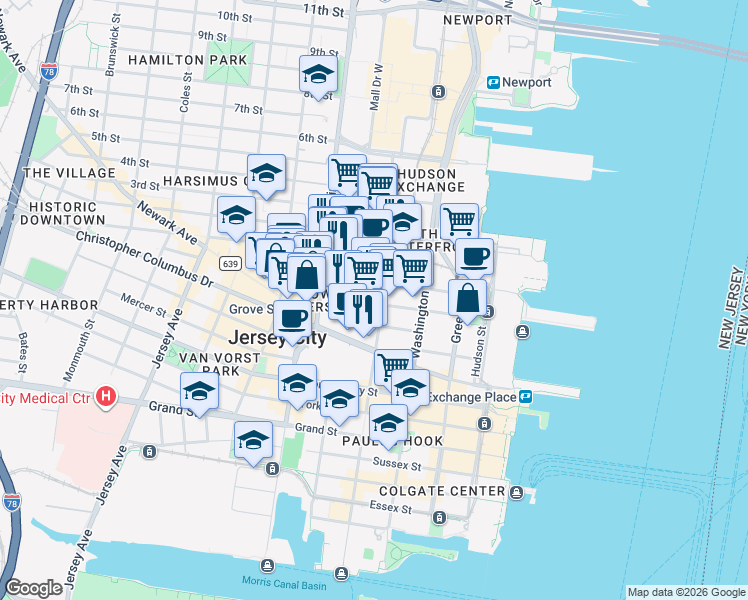 map of restaurants, bars, coffee shops, grocery stores, and more near 124 Bay Street in Jersey City