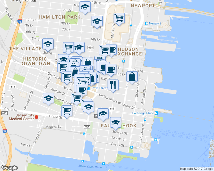 map of restaurants, bars, coffee shops, grocery stores, and more near 133 Morgan Street in Jersey City
